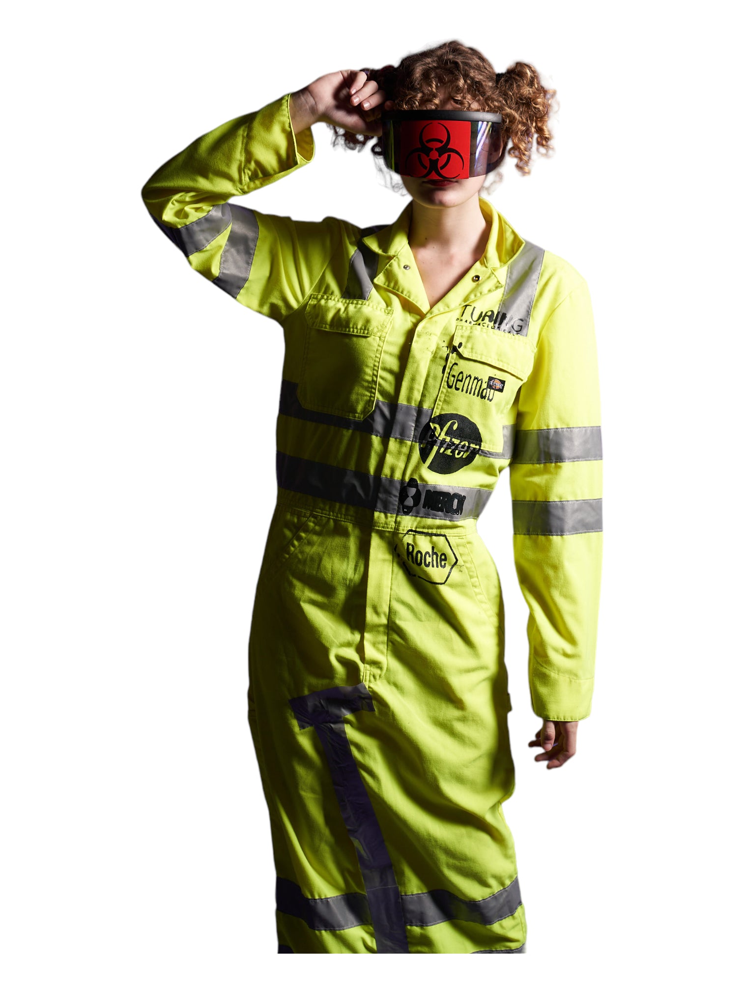 woman with red hair and safety suit with bio hazard mask 