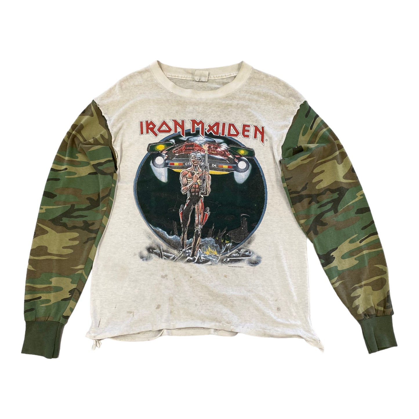 1987 Iron Maiden Vintage White Tee with Long-sleeved Army Print Official Band Tee