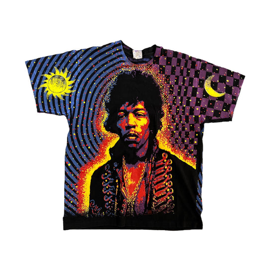 80's-90's Thrashed Jimi Hendrix oor die hele sterrestelsel druk T-shirt